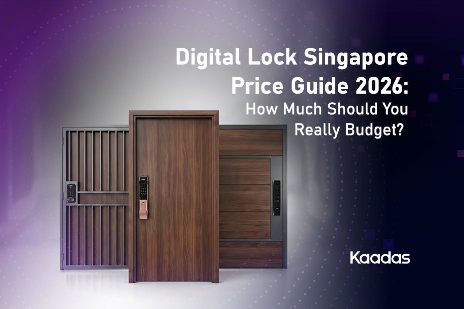 Kaadas digital lock Singapore price guide 2026 – three wooden doors with fingerprint and keypad smart locks installed